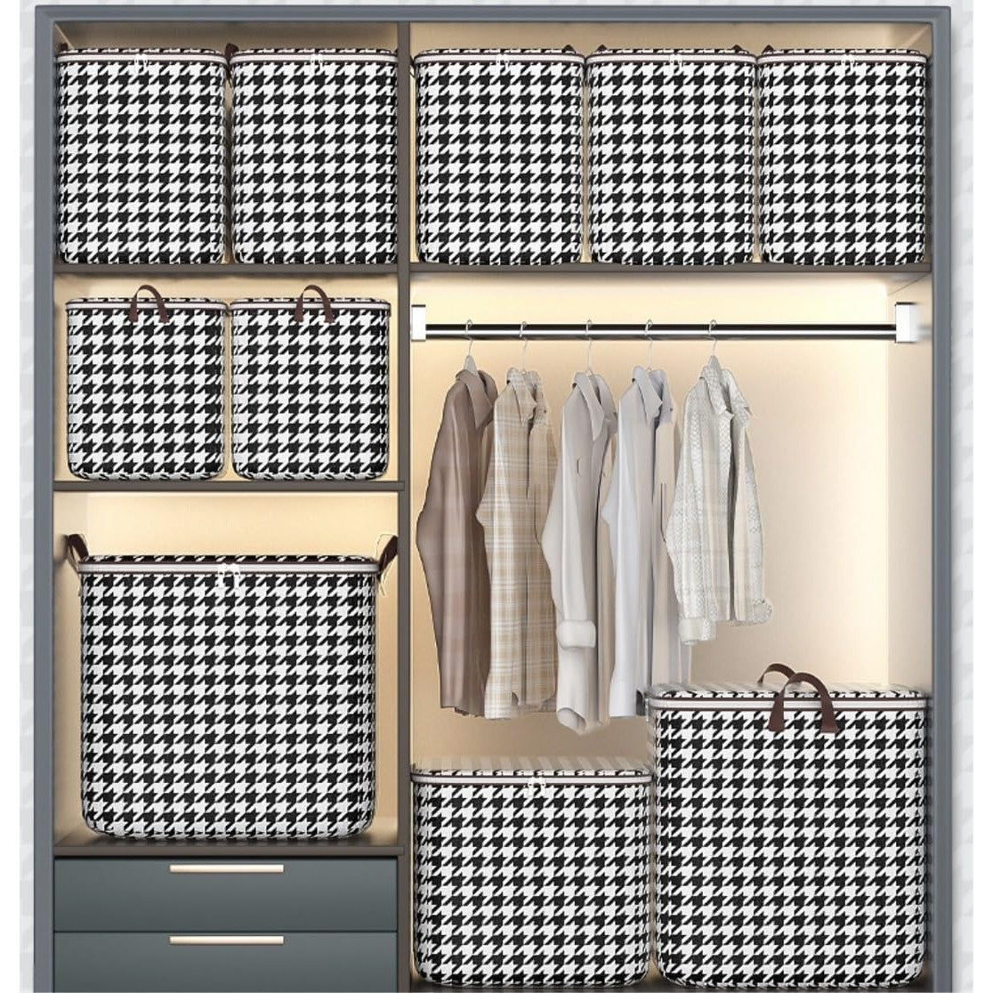 Cutie Depozitare Haine si Lenjerii, Organizator Pliabil cu Fermoar si Maner Ranforsat, Material Textil Rezistent, Model Carouri Alb-Negru, 100 Litri, 40x50x50 cm