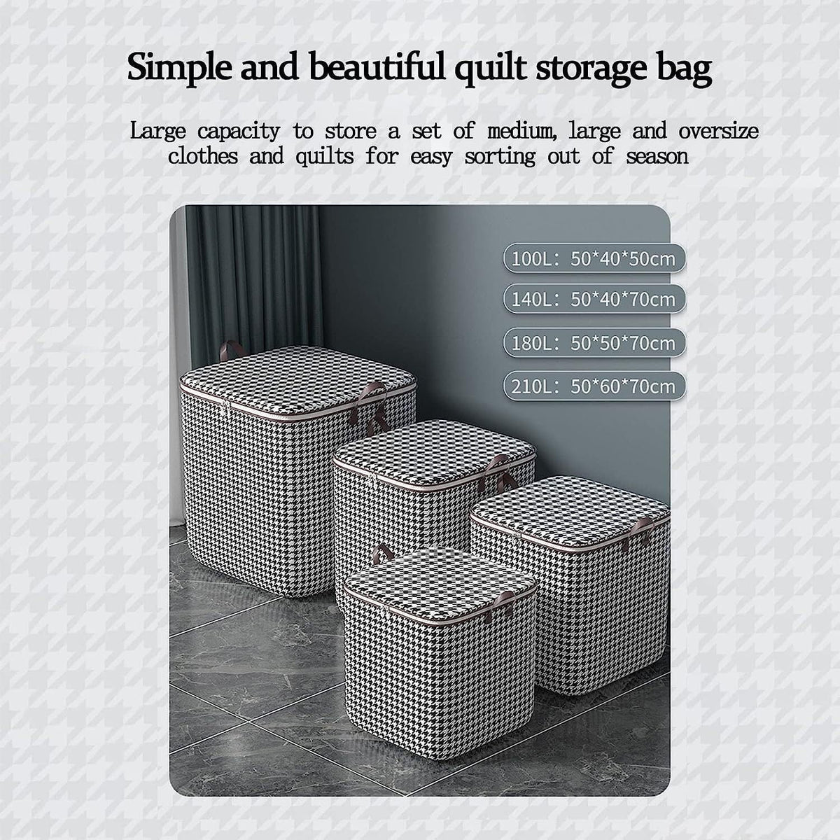 Cutie Depozitare Haine si Lenjerii, Organizator Pliabil cu Fermoar si Maner Ranforsat, Material Textil Rezistent, Model Carouri Alb-Negru, 100 Litri, 40x50x50 cm