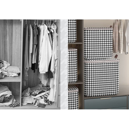 Cutie Depozitare Haine cu Fermoar, Organizator Pliabil pentru Paturi si Lenjerie, Maner Ranforsat, Material Textil Rezistent, 80 Litri, Model in Carouri Alb-Negru
