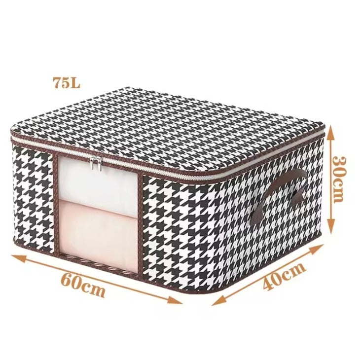 Cutie de Depozitare Pliabila pentru Haine si Jucarii, Fereastra Transparenta si Fermoar Bidirectional, Material Textil cu Suport Stabil, 75 L, 60x40x30 cm, Alb/Negru Carouri