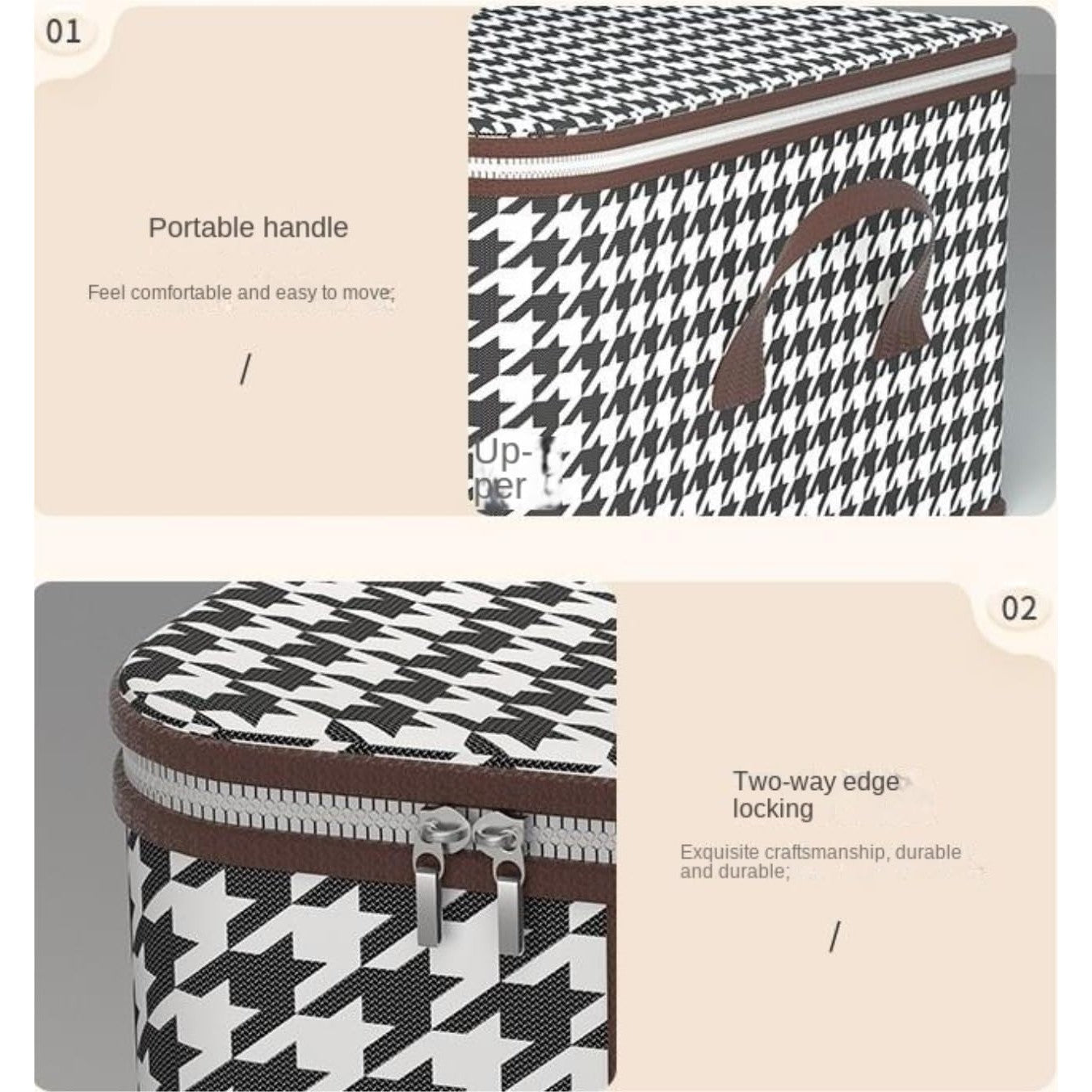 Cutie de Depozitare Pliabila pentru Haine si Jucarii, Fereastra Transparenta si Fermoar Bidirectional, Material Textil cu Suport Stabil, 75 L, 60x40x30 cm, Alb/Negru Carouri