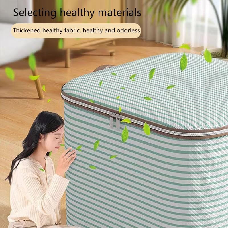 Cutie Depozitare Haine si Paturi, Organizator Pliabil cu Fermoar si Manere Ranforsate, Material Textil Rezistent, 180 Litri, 50x50x70 cm, Verde in Dungi