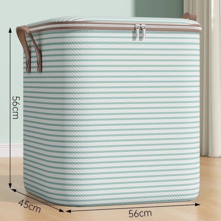 Cutie de Depozitare Pliabila pentru Haine si Paturi, Organizator Textil cu Fermoar Rezistent si Manere Ranforsate, Model in Dungi, 150 Litri, 56x45x56 cm, Verde