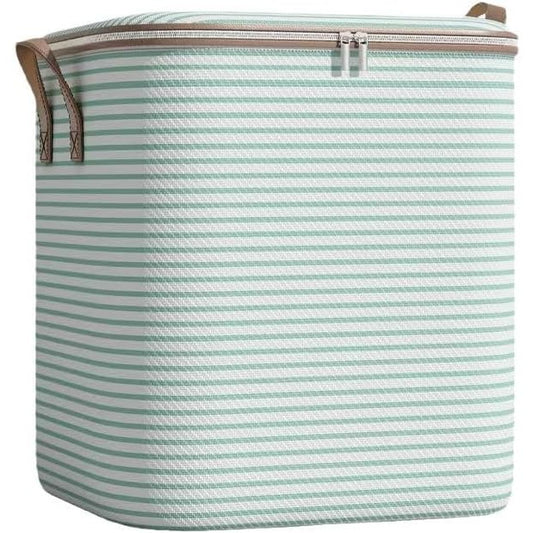 Cutie de Depozitare Pliabila pentru Haine si Paturi, Organizator Textil cu Fermoar Rezistent si Manere Ranforsate, Model in Dungi, 150 Litri, 56x45x56 cm, Verde