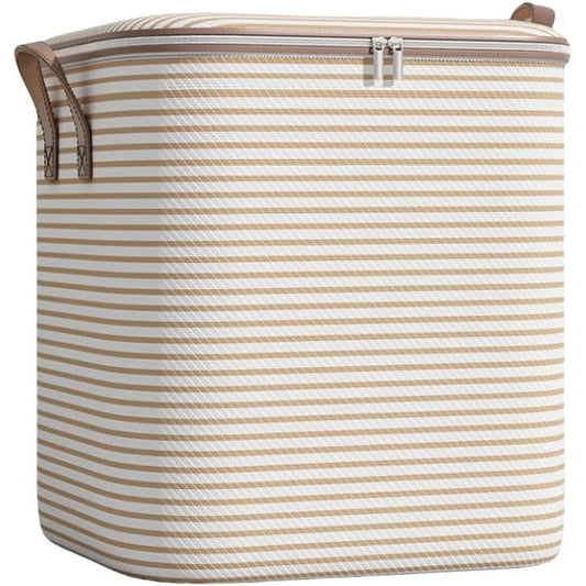 Cutie Depozitare Haine si Paturi, Organizator Pliabil cu Fermoar Rezistent si Maner Ranforsat, Material Textil, 100 Litri, 50x40x50 cm, Bej cu Dungi