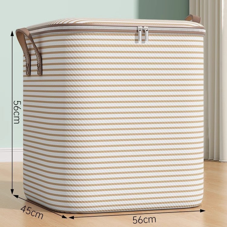 Cutie de Depozitare cu Fermoar, Organizator Pliabil pentru Haine si Paturi, Maner Ranforsat, Material Textil, 150 Litri, 56x45x56 cm, Bej in Dungi