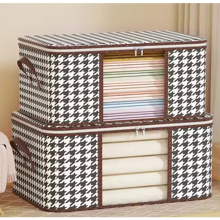 Cutie Depozitare Pliabila, Organizator Haine si Jucarii, Fereastra Transparenta si Fermoar Bidirectional, Material Textil Rezistent, Imprimeu Carouri, 50 L, 55x35x25 cm