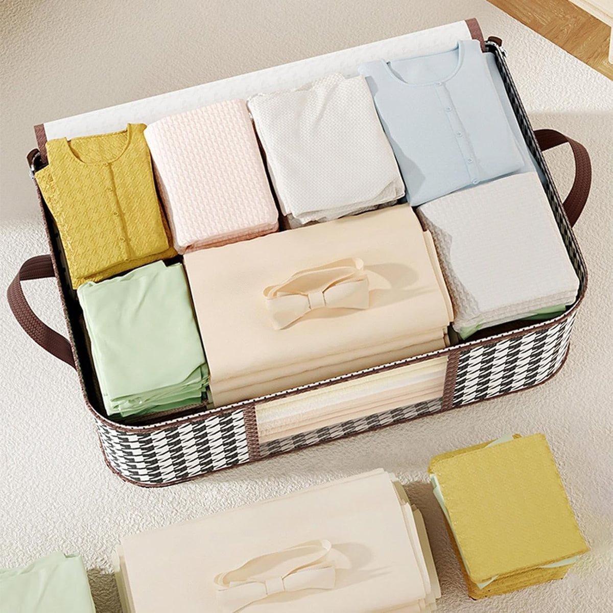Cutie Depozitare Pliabila, Organizator Haine si Jucarii, Fereastra Transparenta si Fermoar Bidirectional, Material Textil Rezistent, Imprimeu Carouri, 50 L, 55x35x25 cm