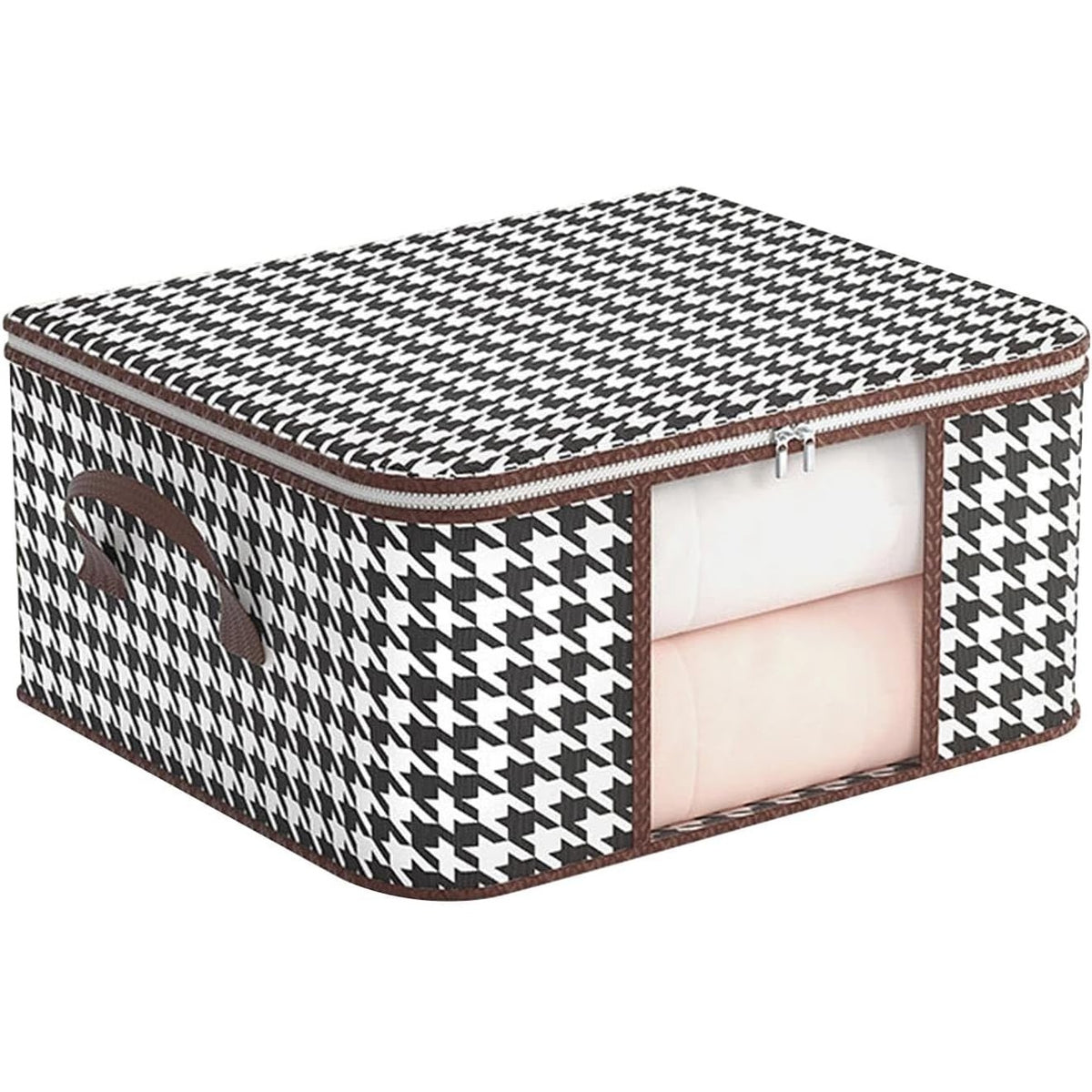 Cutie Depozitare Pliabila, Organizator Haine si Jucarii, Fereastra Transparenta si Fermoar Bidirectional, Material Textil Rezistent, Imprimeu Carouri, 50 L, 55x35x25 cm