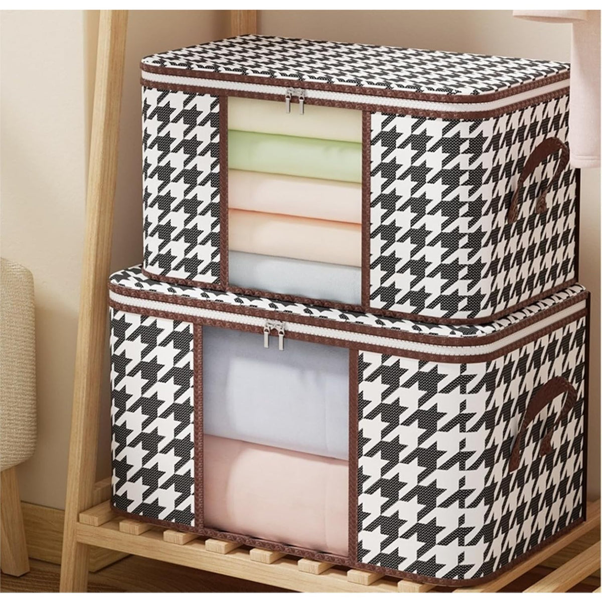 Cutie Depozitare Pliabila, Organizator Haine si Jucarii, Fereastra Transparenta si Fermoar Bidirectional, Material Textil Rezistent, Imprimeu Carouri, 50 L, 55x35x25 cm