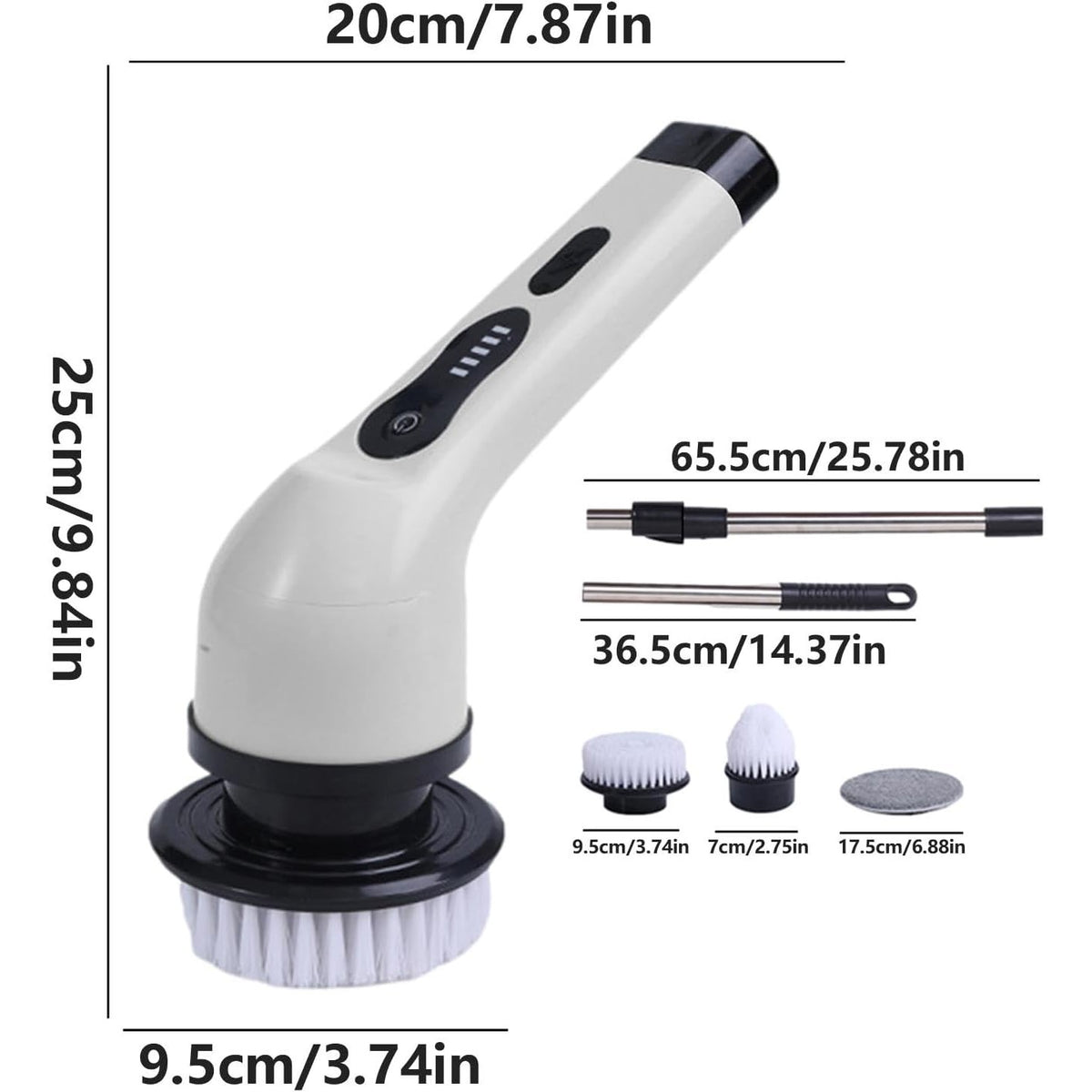 Perie Electrica de Curatare pentru Baie si Bucatarie, Maner Extensibil Detasabil 84-127 cm, Rotire 360 Grade, Acumulator 3000 mAh, Incarcare USB-C, 9 Capete Inlocuibile, Alb