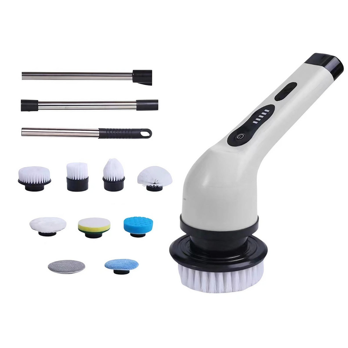 Perie Electrica de Curatare pentru Baie si Bucatarie, Maner Extensibil Detasabil 84-127 cm, Rotire 360 Grade, Acumulator 3000 mAh, Incarcare USB-C, 9 Capete Inlocuibile, Alb