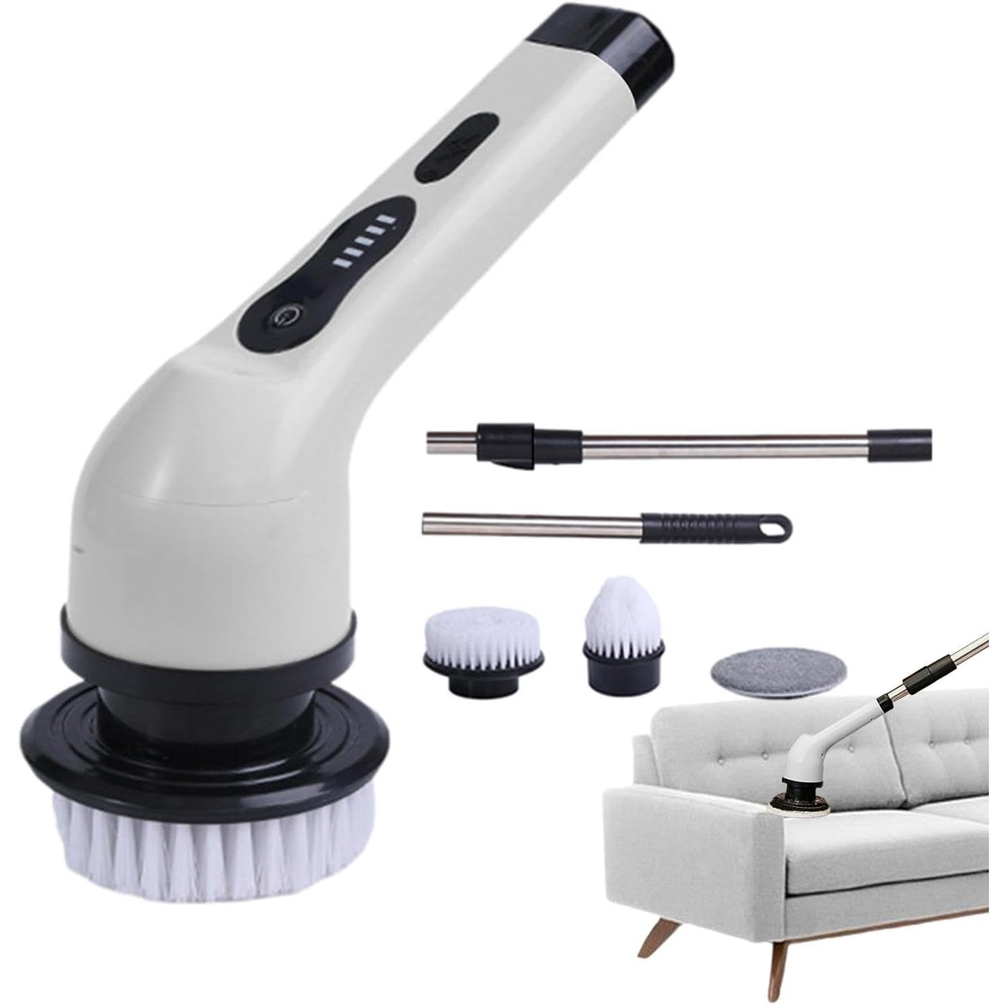 Perie Electrica de Curatare pentru Baie si Bucatarie, Maner Extensibil Telescopic 84-127 cm, Rotire 360 Grade, Acumulator 3000 mAh, Incarcare USB-C, 6 Capete Interschimbabile, Alb