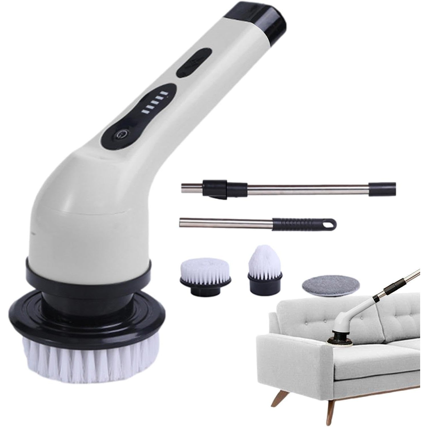 Perie Electrica de Curatare pentru Baie si Bucatarie, Maner Extensibil Telescopic 84-127 cm, Rotire 360 Grade, Acumulator 3000 mAh, Incarcare USB-C, 6 Capete Interschimbabile, Alb