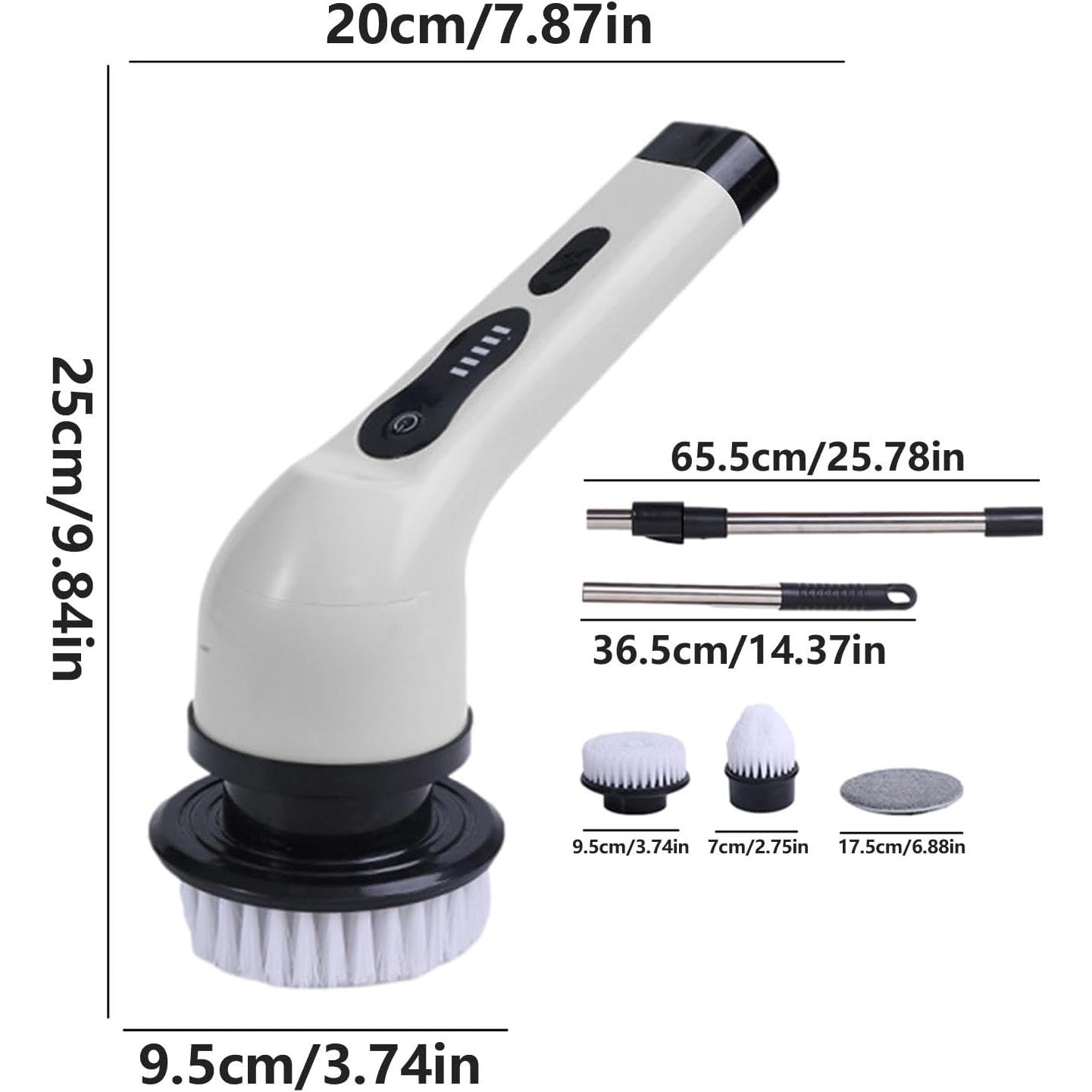 Perie Electrica de Curatare pentru Baie si Bucatarie, Maner Extensibil Telescopic 84-127 cm, Rotire 360 Grade, Acumulator 3000 mAh, Incarcare USB-C, 6 Capete Interschimbabile, Alb