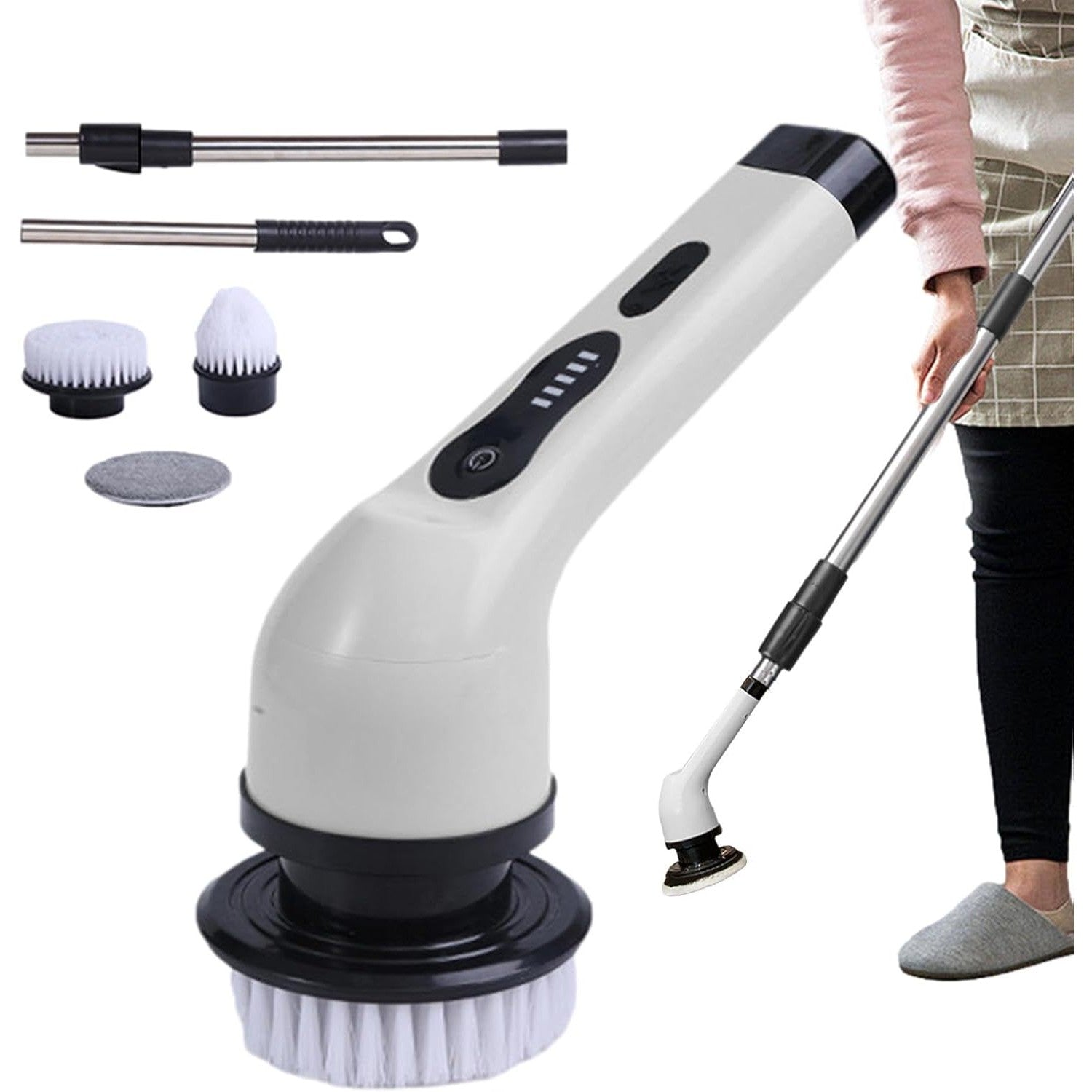 Perie Electrica de Curatare pentru Baie si Bucatarie, Maner Extensibil Telescopic 84-127 cm, Rotire 360 Grade, Acumulator 3000 mAh, Incarcare USB-C, 6 Capete Interschimbabile, Alb