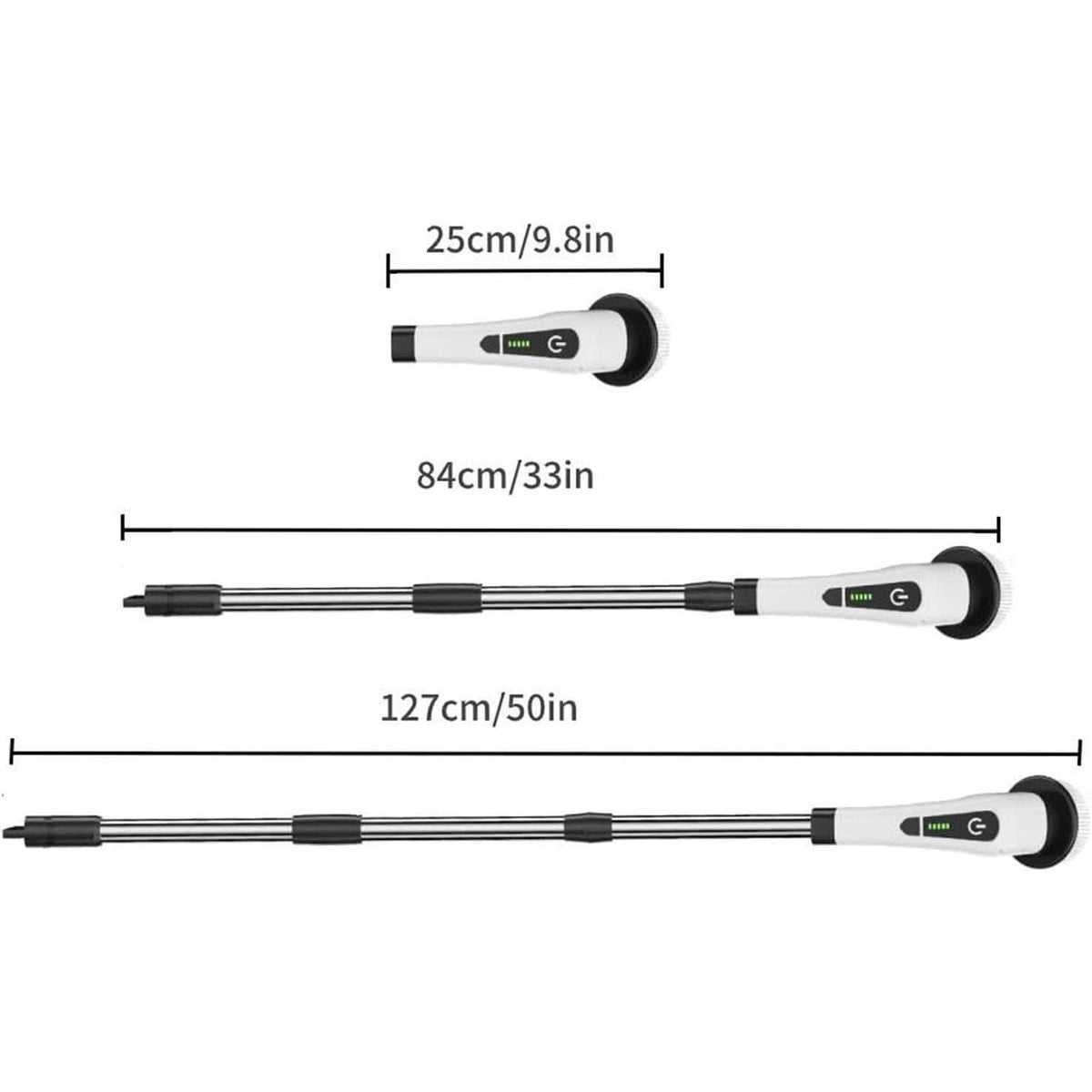 Perie Electrica de Curatare pentru Baie si Bucatarie, Maner Extensibil Telescopic 84-127 cm, Rotire 360 Grade, Acumulator 3000 mAh, Incarcare USB-C, 6 Capete Interschimbabile, Alb