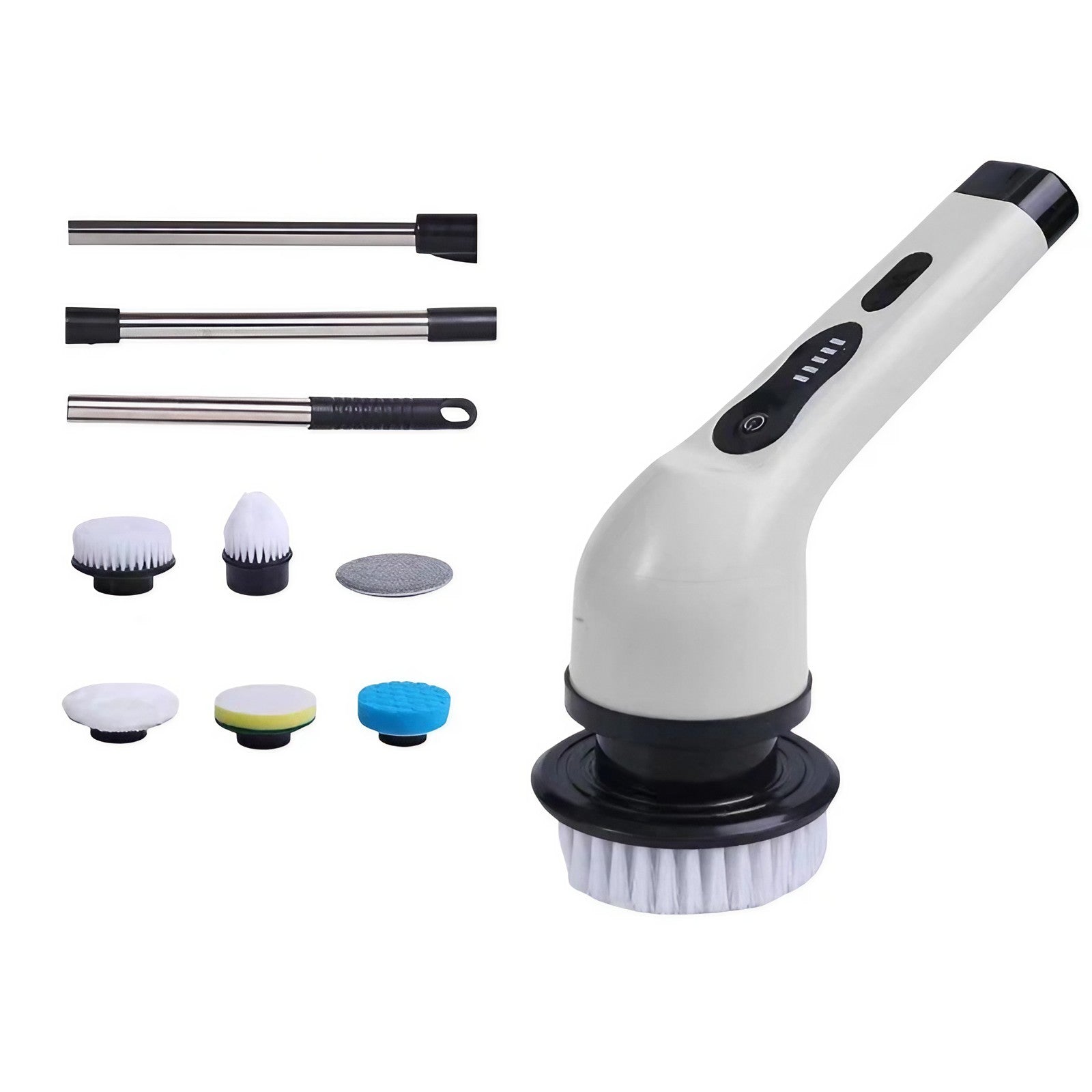 Perie Electrica de Curatare pentru Baie si Bucatarie, Maner Extensibil Telescopic 84-127 cm, Rotire 360 Grade, Acumulator 3000 mAh, Incarcare USB-C, 6 Capete Interschimbabile, Alb