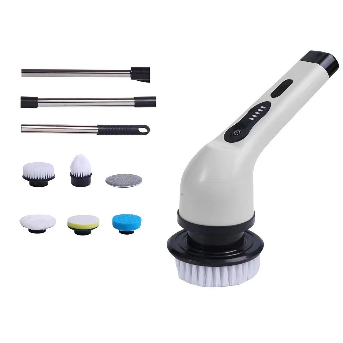 Perie Electrica de Curatare pentru Baie si Bucatarie, Maner Extensibil Telescopic 84-127 cm, Rotire 360 Grade, Acumulator 3000 mAh, Incarcare USB-C, 6 Capete Interschimbabile, Alb