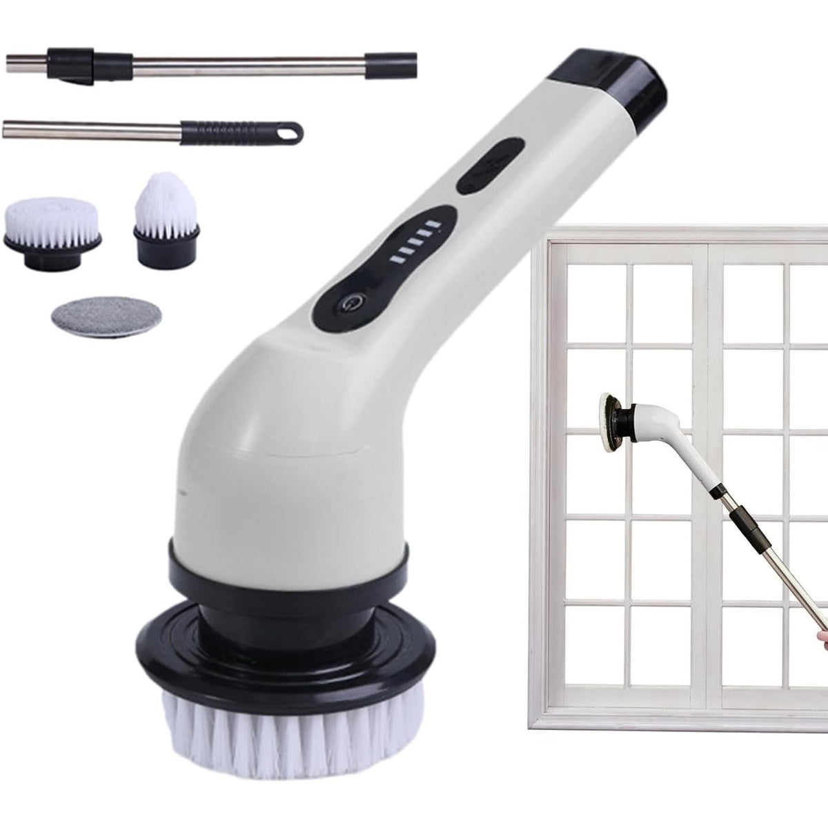 Perie Electrica de Curatare pentru Baie si Bucatarie, Maner Extensibil Telescopic 84-127 cm, Rotire 360 Grade, Acumulator 3000 mAh, Incarcare USB-C, 6 Capete Interschimbabile, Alb
