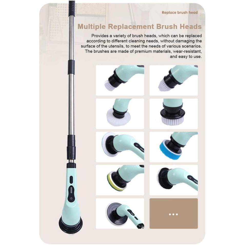 Perie Electrică de Curățare pentru Baie și Bucătărie, Mâner Telescopic 84-127 cm, Acumulator 3000 mAh, Încărcare USB-C, 9 Capete Interschimbabile, Rotire 360 Grade, Verde