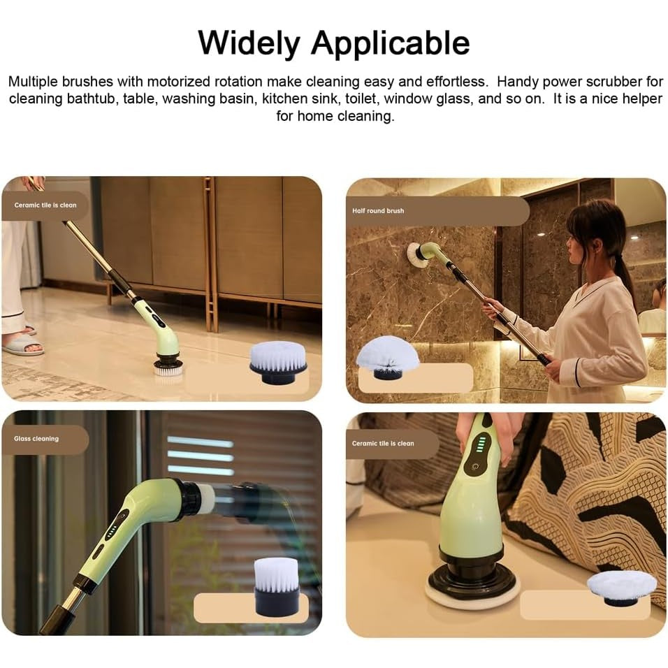 Perie Electrică de Curățare pentru Baie și Bucătărie, Mâner Telescopic 84-127 cm, Acumulator 3000 mAh, Încărcare USB-C, 9 Capete Interschimbabile, Rotire 360 Grade, Verde
