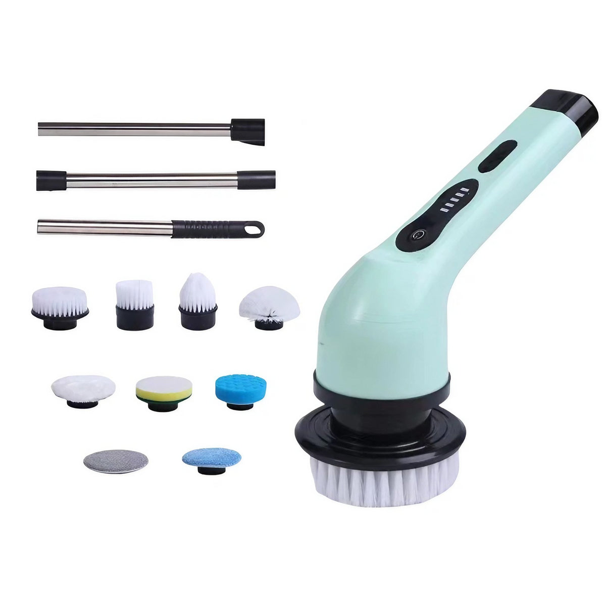 Perie Electrică de Curățare pentru Baie și Bucătărie, Mâner Telescopic 84-127 cm, Acumulator 3000 mAh, Încărcare USB-C, 9 Capete Interschimbabile, Rotire 360 Grade, Verde