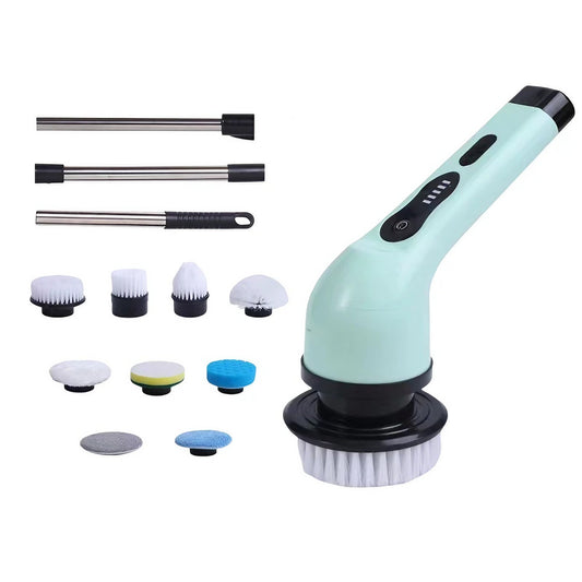Perie Electrică de Curățare pentru Baie și Bucătărie, Mâner Telescopic 84-127 cm, Acumulator 3000 mAh, Încărcare USB-C, 9 Capete Interschimbabile, Rotire 360 Grade, Verde
