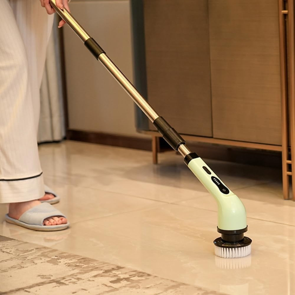 Perie Electrică de Curățare pentru Baie și Bucătărie, Mâner Telescopic 84-127 cm, Acumulator 3000 mAh, Încărcare USB-C, 9 Capete Interschimbabile, Rotire 360 Grade, Verde