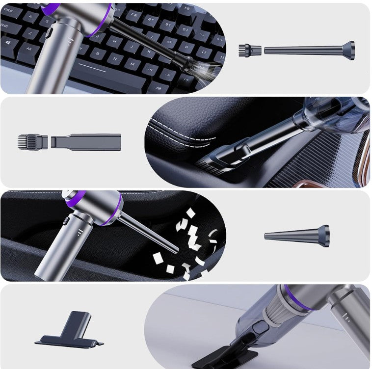 Aspirator Portabil Auto si de Casa, 3 Viteze de Aspirare si Suflare, Incarcare Rapida USB-C, Acumulator 2000mAh, Filtru Lavabil, 7 Accesorii Incluse, 21x20x6.5 cm, Argintiu Mov