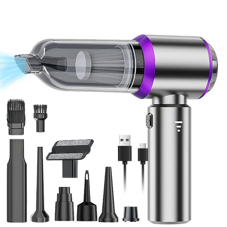 Aspirator Portabil Auto si de Casa, 3 Viteze de Aspirare si Suflare, Incarcare Rapida USB-C, Acumulator 2000mAh, Filtru Lavabil, 7 Accesorii Incluse, 21x20x6.5 cm, Argintiu Mov