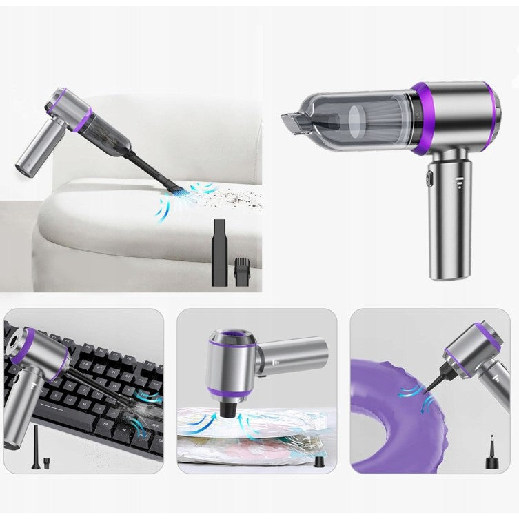 Aspirator Portabil Auto si de Casa, 3 Viteze de Aspirare si Suflare, Incarcare Rapida USB-C, Acumulator 2000mAh, Filtru Lavabil, 7 Accesorii Incluse, 21x20x6.5 cm, Argintiu Mov
