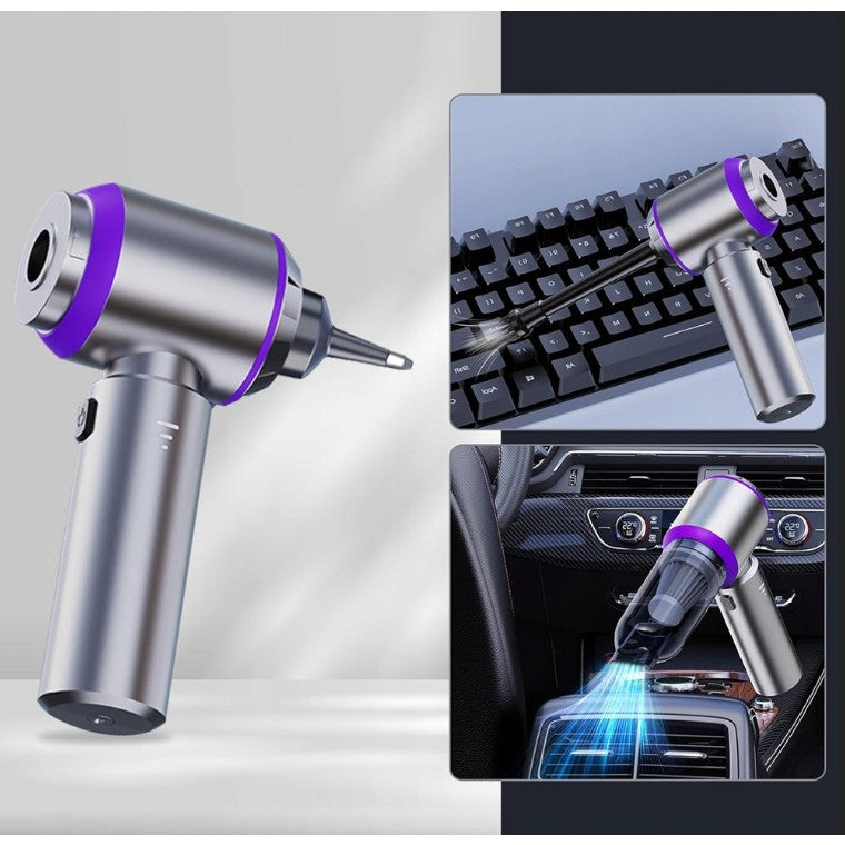 Aspirator Portabil Auto si de Casa, 3 Viteze de Aspirare si Suflare, Incarcare Rapida USB-C, Acumulator 2000mAh, Filtru Lavabil, 7 Accesorii Incluse, 21x20x6.5 cm, Argintiu Mov