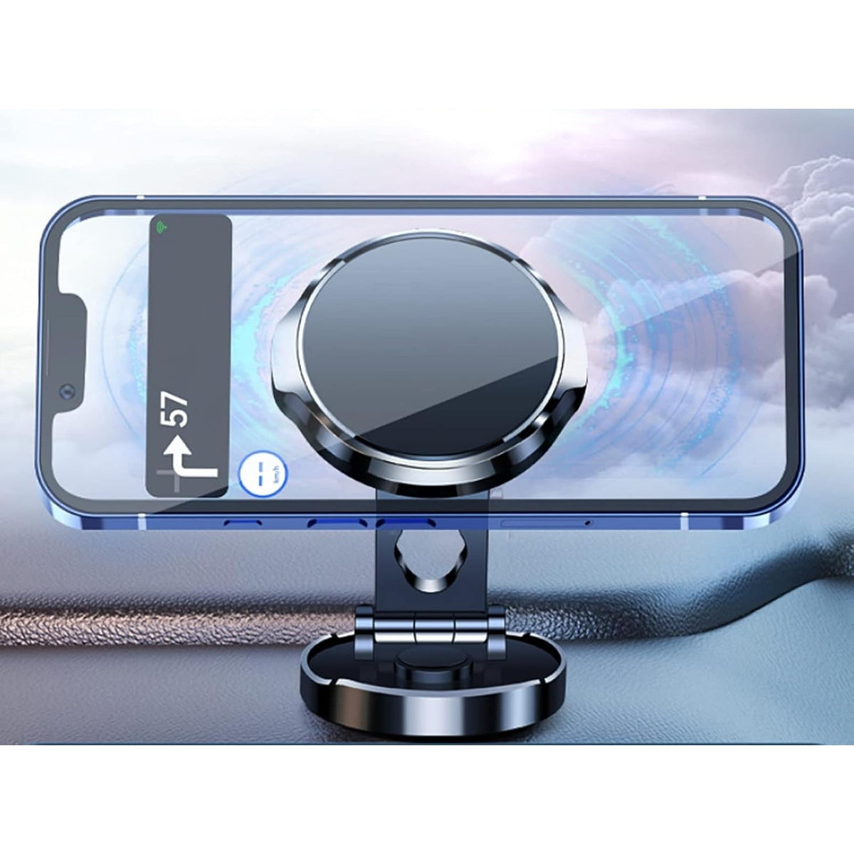 Suport Telefon Auto Magnetic, Pliabil cu Rotire 720 Grade, Fixare cu Adeziv pe Bord, Magnet Neodim si ABS, Diametru 4.4 cm, Universal, Argintiu