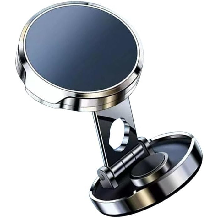 Suport Telefon Auto Magnetic, Pliabil cu Rotire 720 Grade, Fixare cu Adeziv pe Bord, Magnet Neodim si ABS, Diametru 4.4 cm, Universal, Argintiu