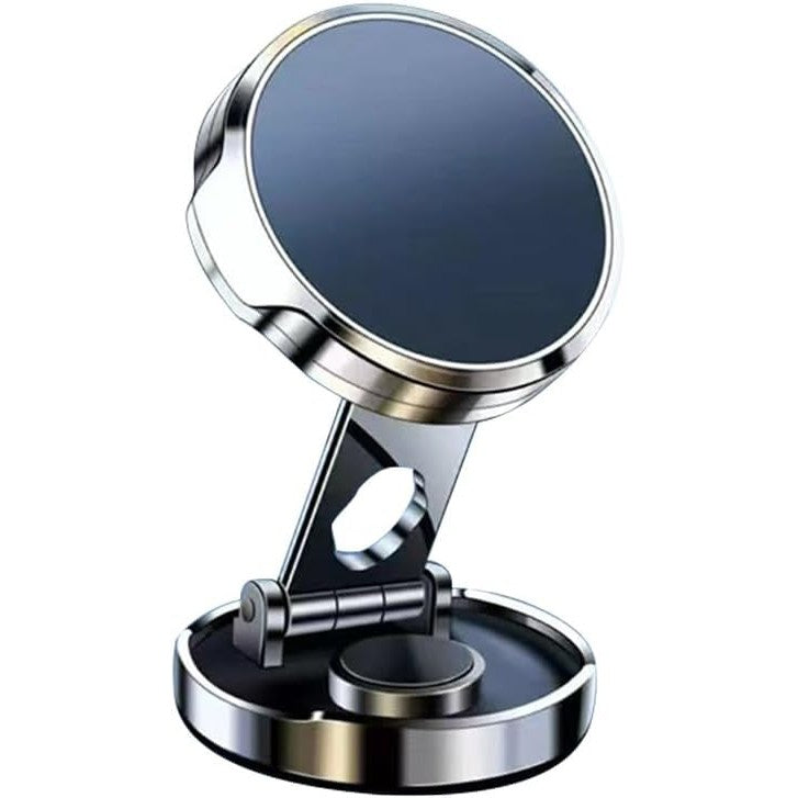Suport Telefon Auto Magnetic, Pliabil cu Rotire 720 Grade, Fixare cu Adeziv pe Bord, Magnet Neodim si ABS, Diametru 4.4 cm, Universal, Argintiu