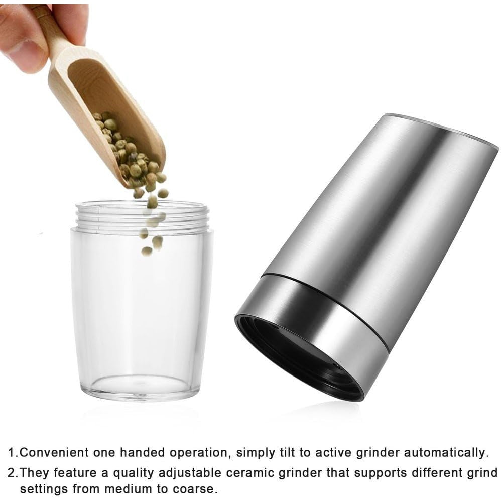 Set Râșnițe Electrice pentru Sare și Piper, Mecanism Măcinare Ajustabil, Funcționare pe Baterii cu Iluminare LED, Design Ergonomic din ABS și Acril, 20x6.5 cm, Argintiu/Transparent, 2 Bucăți