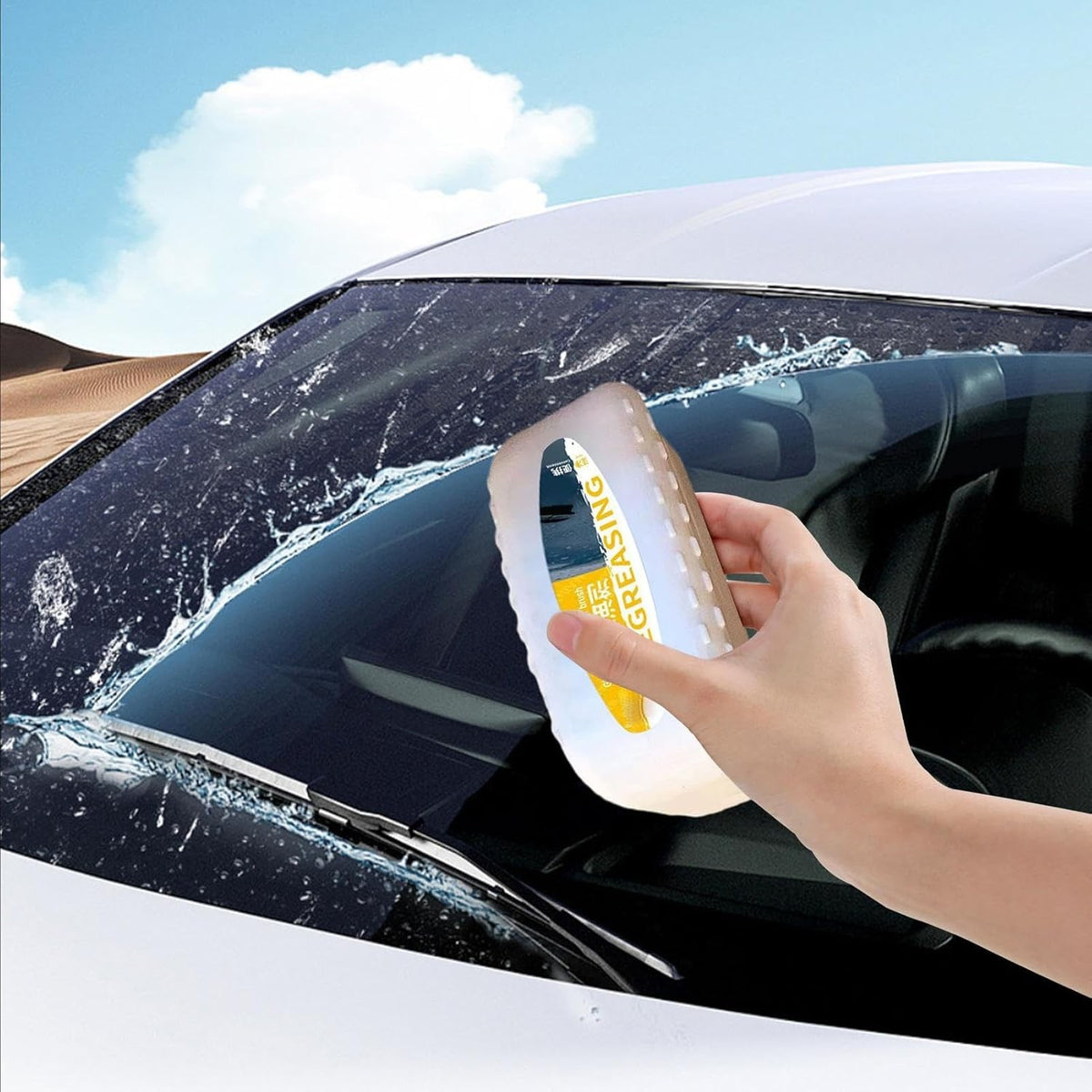 Degresant Auto pentru Parbriz si Geamuri, Agent Curatare Strat Murdarie si Pelicula Ulei, Solutie Intretinere Oglinzi, 120 ml, Alb-Galben