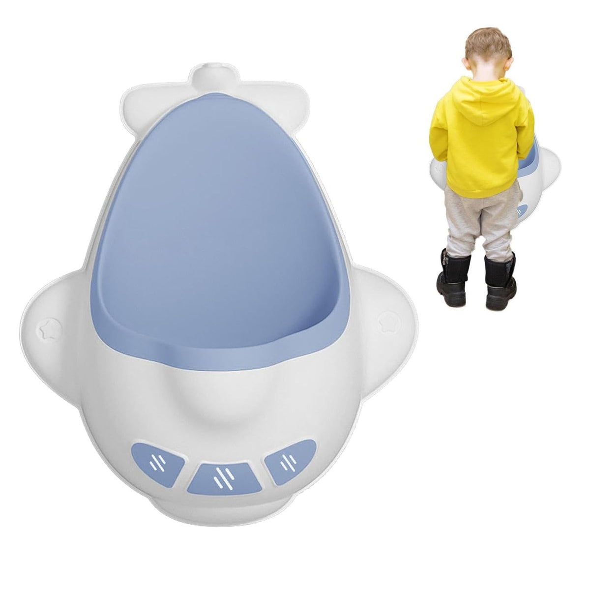 Pisoar pentru Baieti, Forma de Avion cu Morisca Rotativa, Antrenament Toaleta, Montare cu Ventuze sau Carlig, Plastic Ecologic, 29 x 33.5 cm, Albastru/Alb