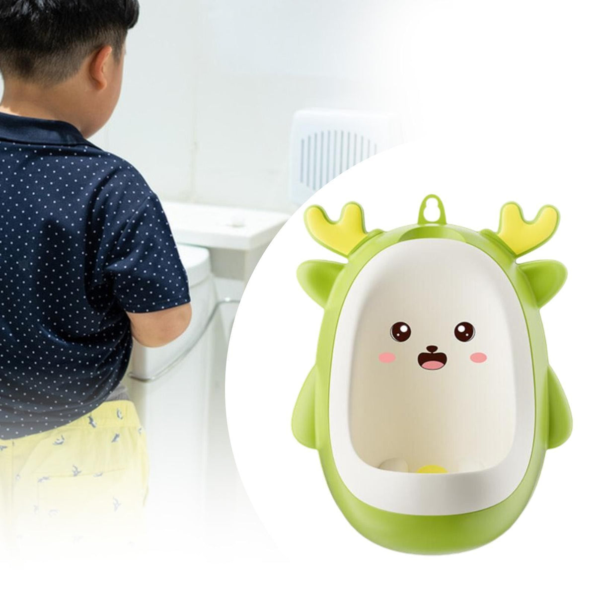 Pisoar pentru Baieti, Forma de Cerb cu Morisca Interactiva, Antrenament Toaleta Copii 0-8 Ani, Plastic Ecologic Detasabil, Montare Perete cu Ventuze si Carlig, Perie Curatare Inclusa, 30 cm, Verde