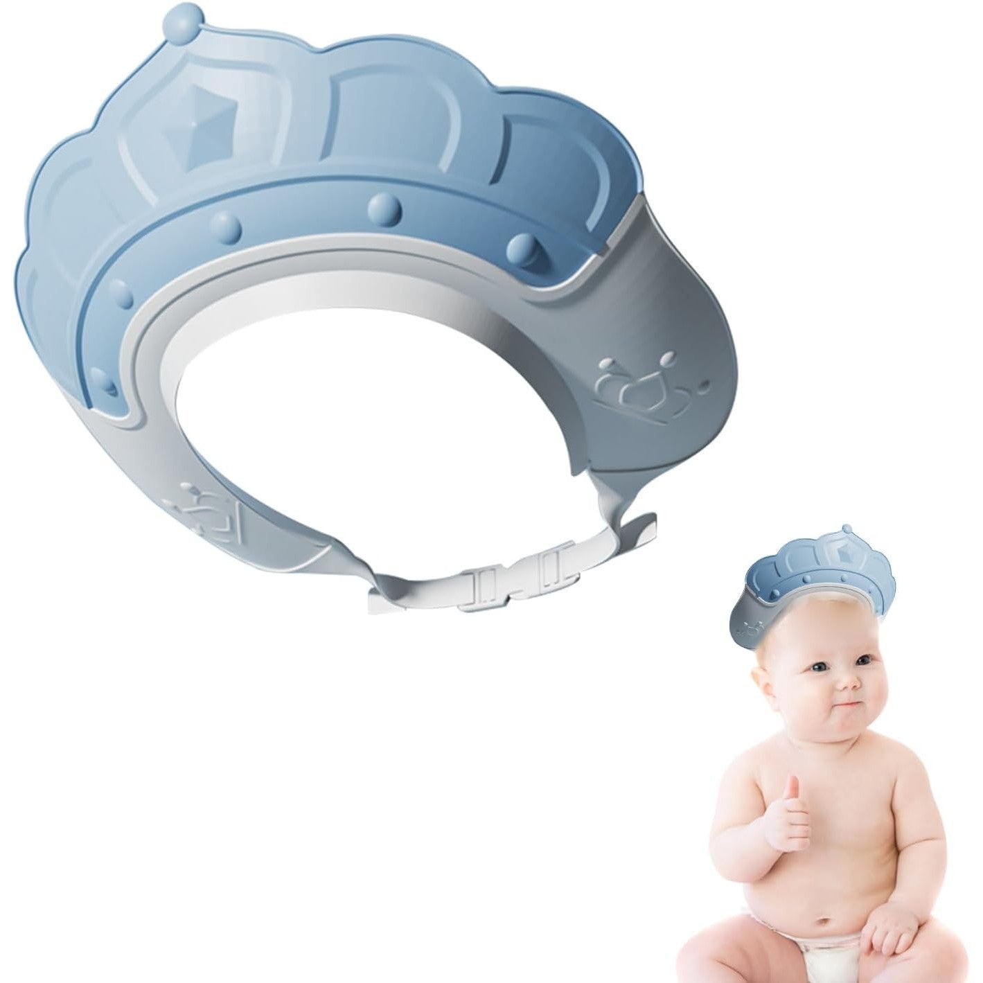 Fippy Casca de Dus pentru Copii si Bebelusi, Protectie Ochi si Urechi Impotriva Samponului, Ajustabila 0-12 Ani, Material TPE si PP, Model Coroana, 20 x 23 cm, Albastru