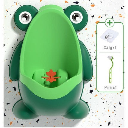 Pisoar pentru Baieti, Forma de Broasca cu Morisca Rotativa, Antrenament Toaleta, Montare cu Ventuze sau Carlig, Plastic Ecologic, Include Perie de Curatare, 29 x 22.5 cm, Verde