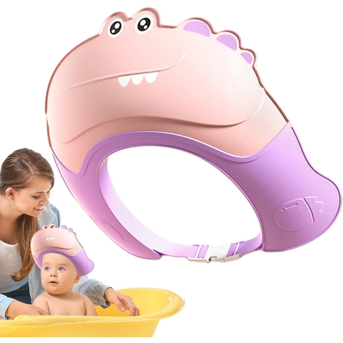 Fippy Casca de Dus pentru Copii, Protectie Ochi si Urechi Impotriva Samponului, Ajustabila, TPE si PP, 0-12 Ani, 20 x 23 cm, Model Crocodil, Roz/Mov