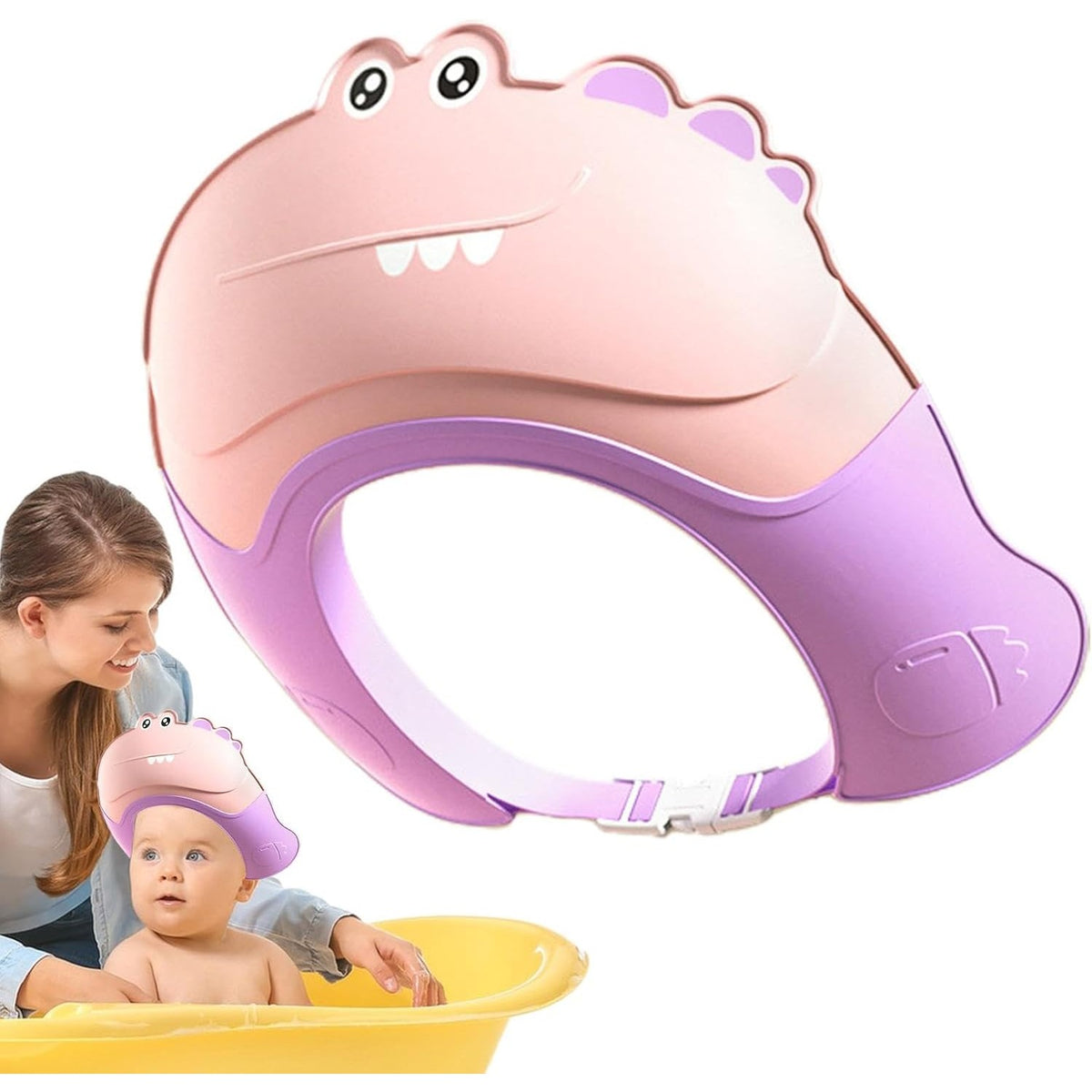 Fippy Casca de Dus pentru Copii, Protectie Ochi si Urechi Impotriva Samponului, Ajustabila, TPE si PP, 0-12 Ani, 20 x 23 cm, Model Crocodil, Roz/Mov