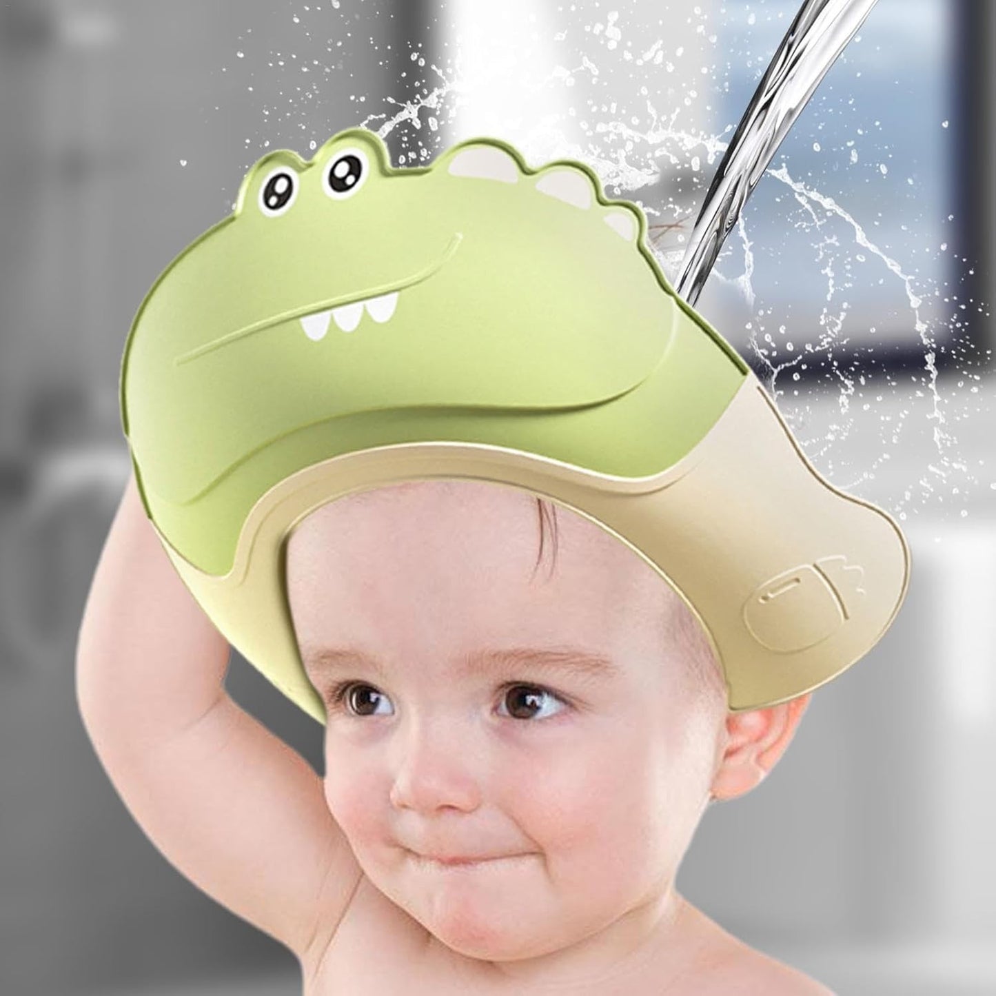 Fippy Casca de Dus pentru Copii, Protectie Baie Impotriva Samponului si Apei, Ajustabila, TPE si PP, 0-12 Ani, Model Crocodil, Verde, 20 x 23 cm