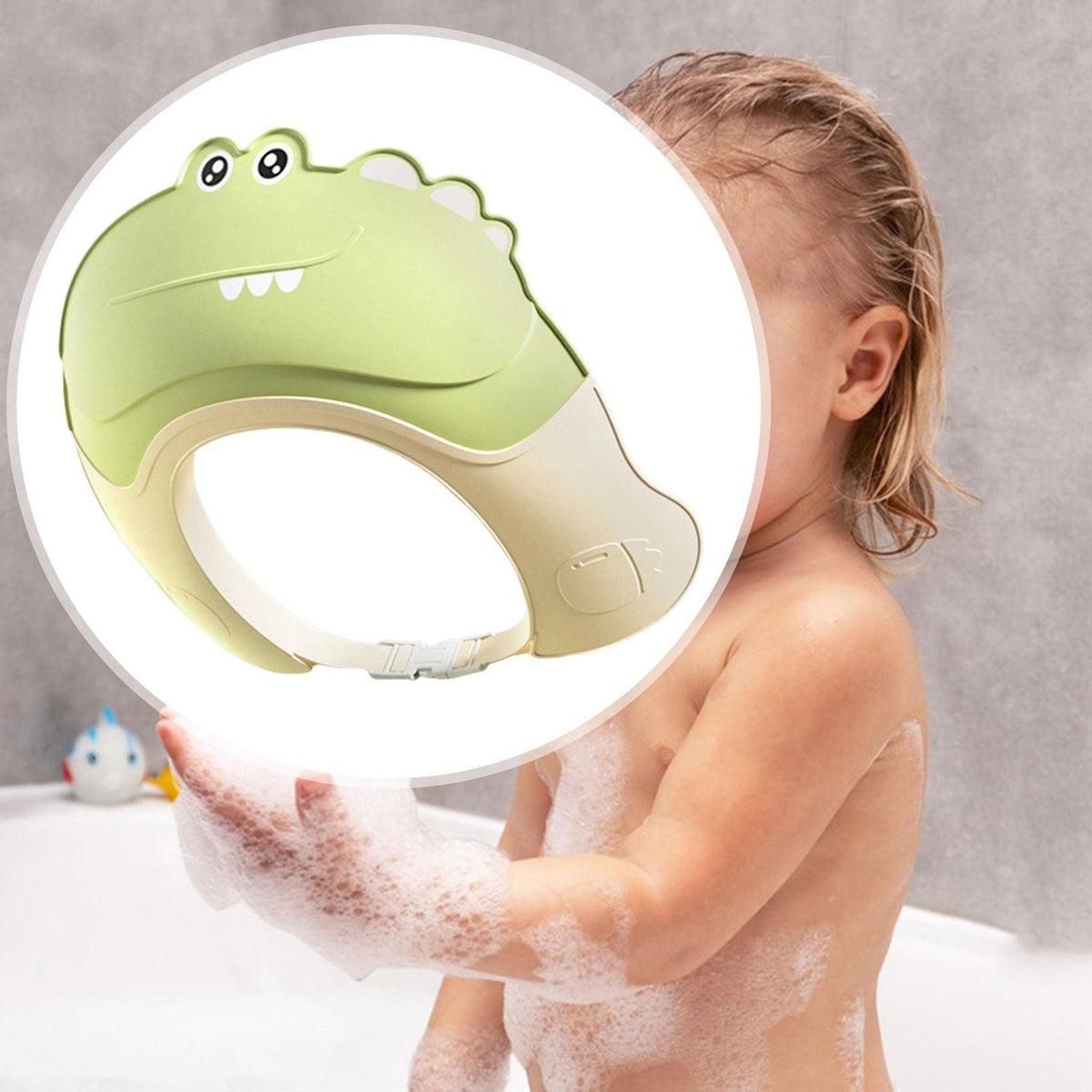 Fippy Casca de Dus pentru Copii, Protectie Baie Impotriva Samponului si Apei, Ajustabila, TPE si PP, 0-12 Ani, Model Crocodil, Verde, 20 x 23 cm