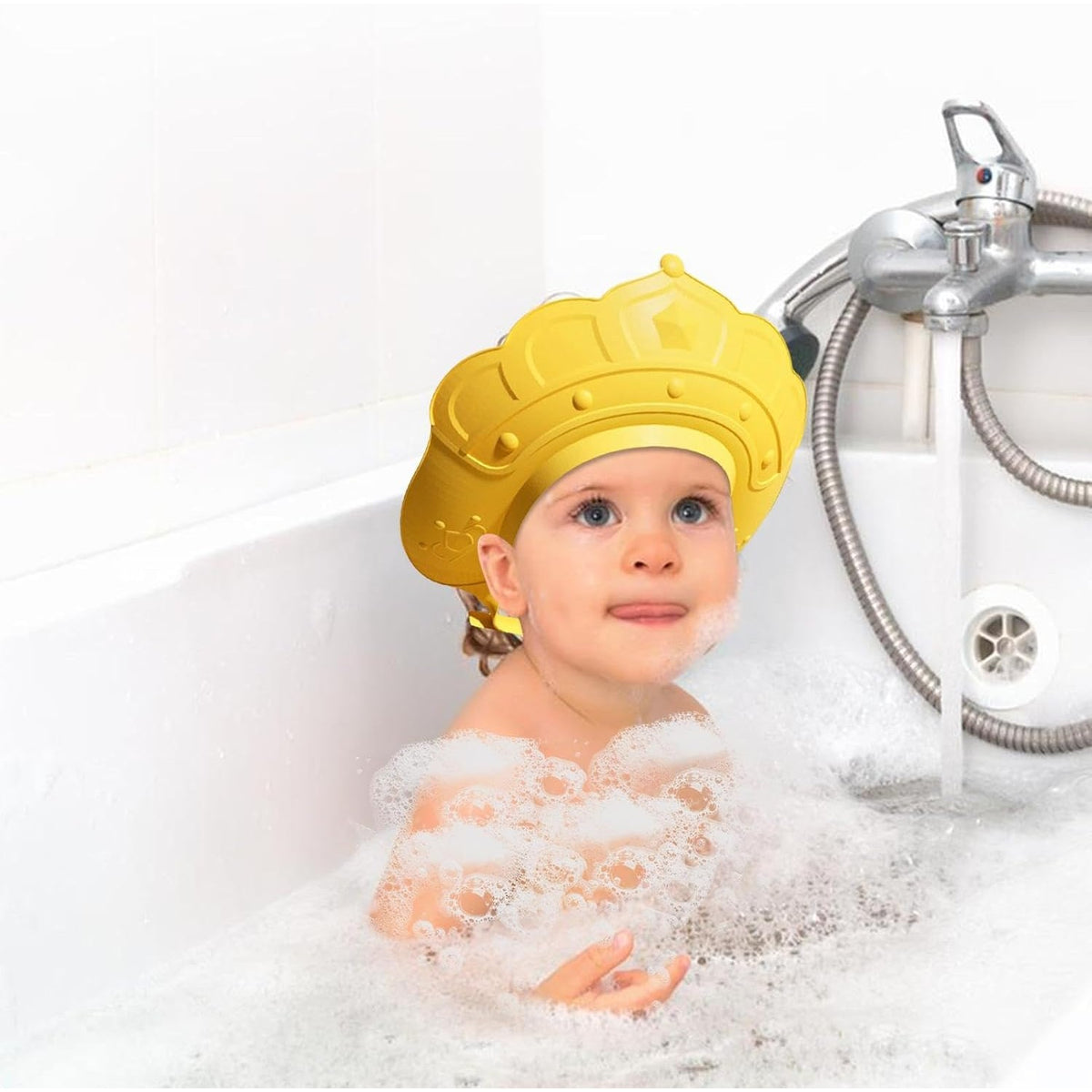 Fippy Casca de Dus pentru Copii, Protectie Baie Impotriva Samponului si Apei, Ajustabila, TPE si PP, Model Coroana, 0-12 Ani, Galben