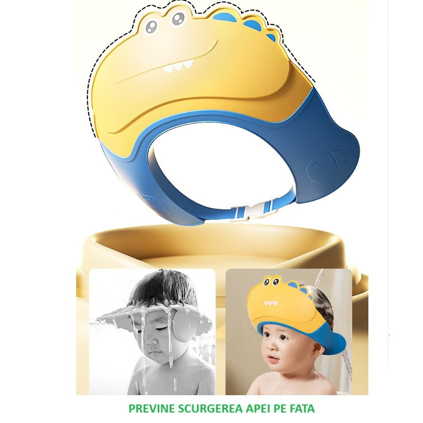 Fippy Casca de Dus pentru Copii, Protectie Baie Impotriva Samponului si Apei, Design Crocodil cu Protectii Urechi, Marime Ajustabila 0-12 Ani, Material TPE si PP, 20 x 23 cm, Galben/Albastru