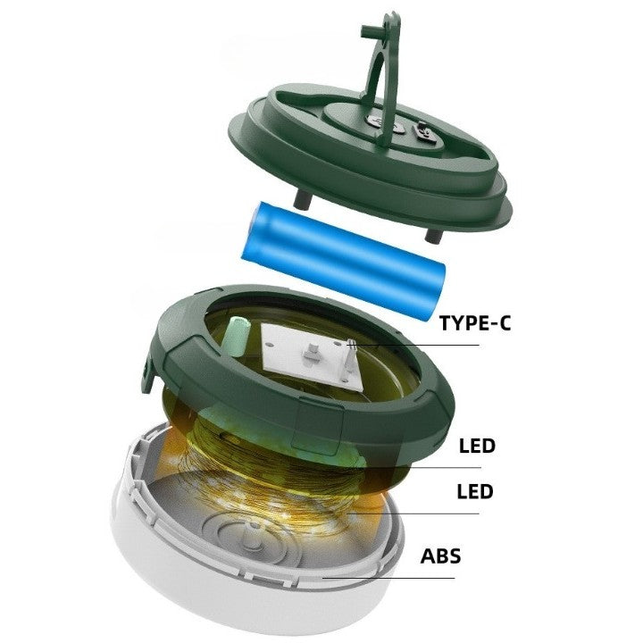 Lampa Camping LED Portabila, Ghirlanda Luminoasa Retractabila 10m, Incarcare USB, Acumulator 1800mAh, Design Compact, 10.5x4.3 cm, Alb Verde