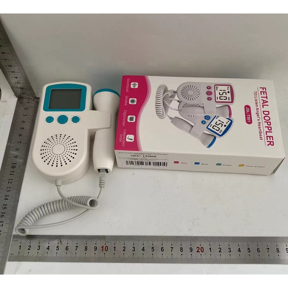 Monitor Fetal Doppler Portabil, Dispozitiv Monitorizare Sarcina si Ritm Cardiac, Ecran LCD 4.5 cm, Sonda Impermeabila 3.0 MHz, Material ABS, 12.8 x 9.6 x 3 cm, Verde